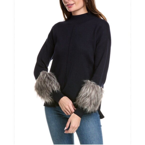 OST NWOT high/low sweater midnight blue with faux fur cuffs size medium cashmere - Picture 1 of 8